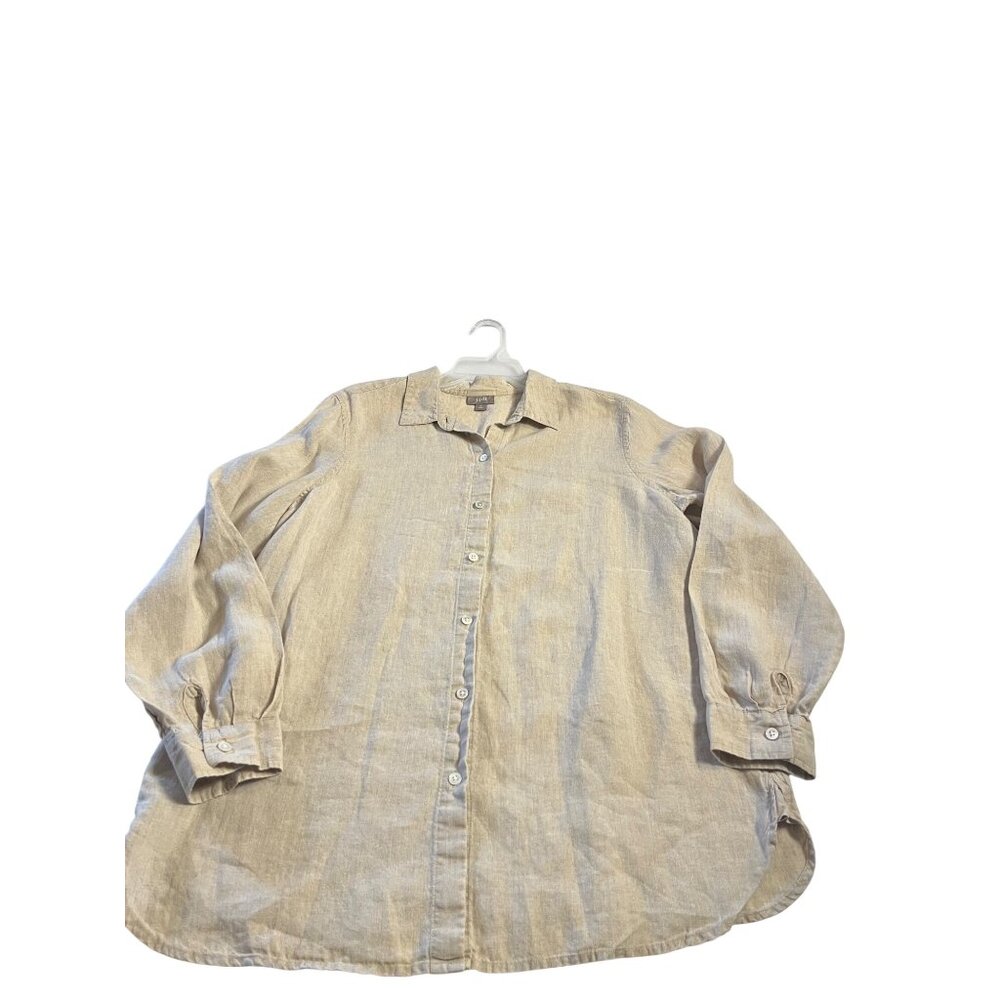 J. Jill 100% Linen Button Down Long Sleeve Shirt Tan Oatmeal M Tall  classic